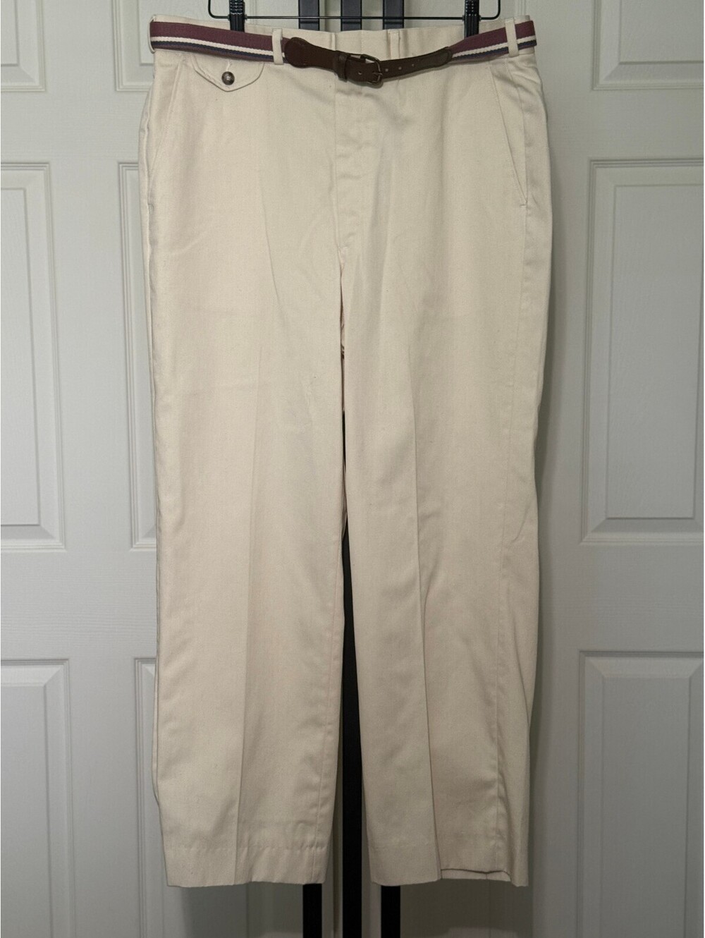 Thomson Pleated Trousers 36x29 Cream Ivory 1980s Vintage Cotton Preppy + Belt
